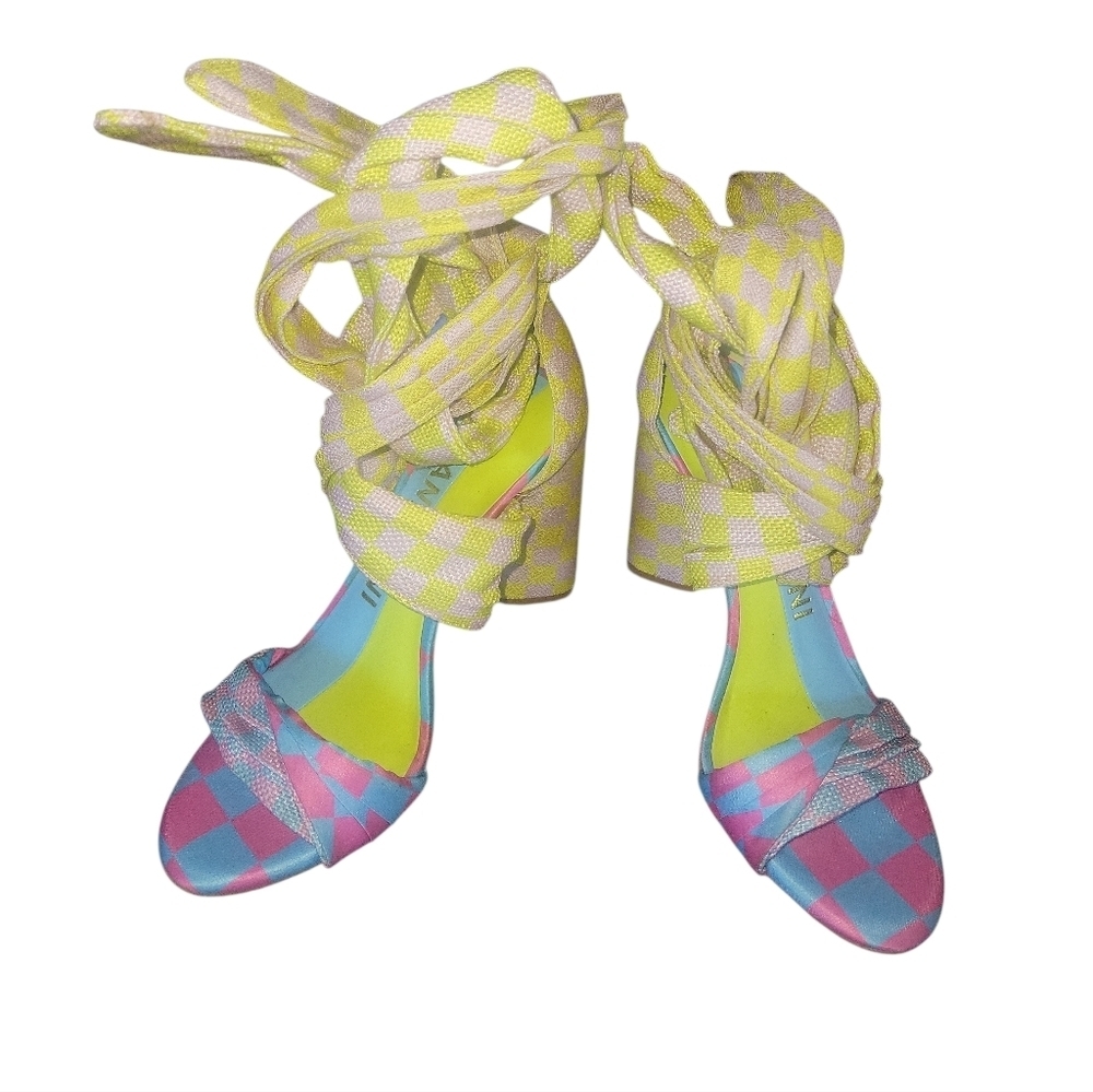 Gianni Bini Astraahh Checkered Colorful Ankle Wrap Block Heels 5.5M - Picture 2 of 9